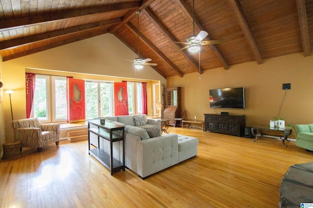 living room with beamed ceiling, wood ceiling, and wood finished floors