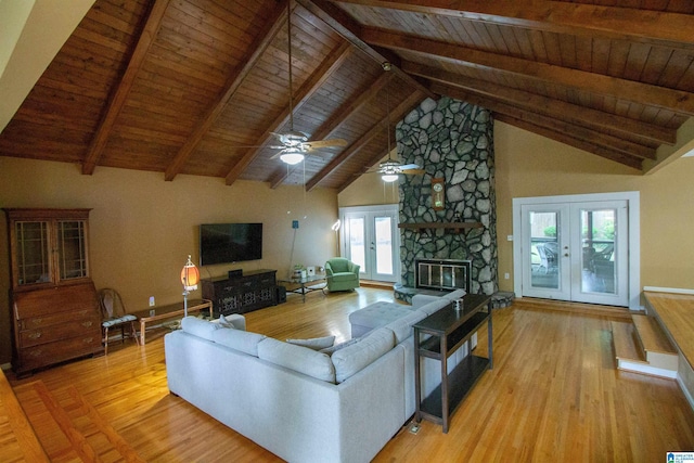 living area featuring wood ceiling and beamed ceiling