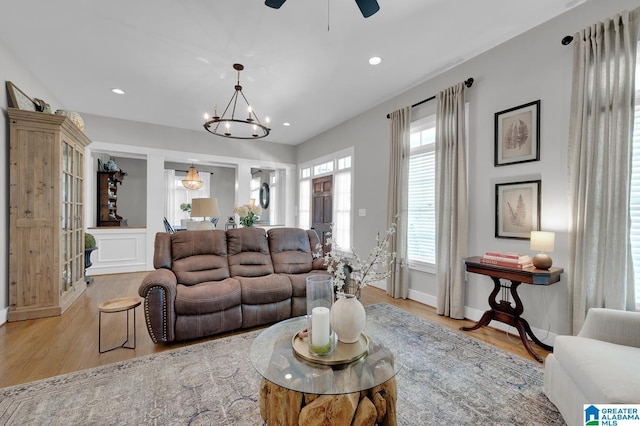 190 Drennen Park Cir, Hayden, AL 35079 - living area featuring light wood-style flooring, baseboards, a chandelier, recessed lighting, and ceiling fan