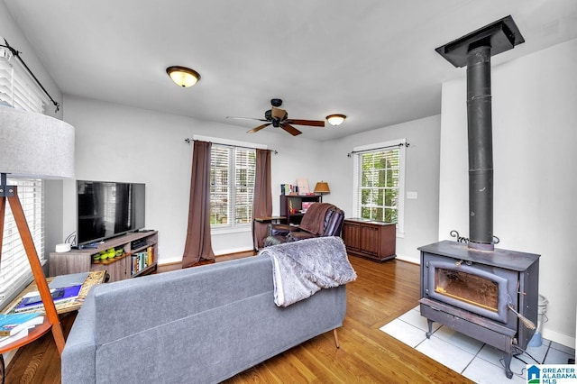 190 Drennen Park Cir, Hayden, AL 35079 - living area featuring a wood stove, a ceiling fan, wood finished floors, and baseboards