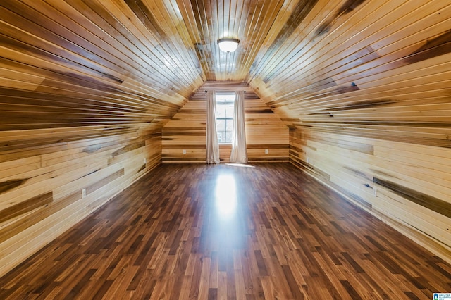 bonus room with wood walls, wooden ceiling, dark wood finished floors, and vaulted ceiling