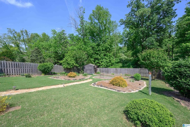 view of yard featuring a storage shed, an outbuilding, and a fenced backyard