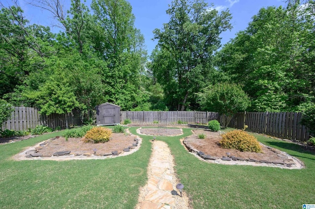 view of yard featuring a storage unit, an outdoor structure, and a fenced backyard