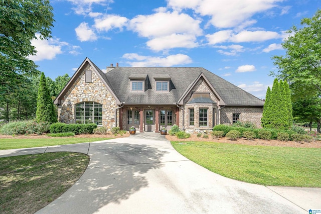 view of front of property with brick siding, stone siding, and a front lawn