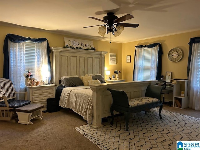 1003 Old Samaria Rd, Clanton, AL 35045 - carpeted bedroom featuring a ceiling fan and crown molding