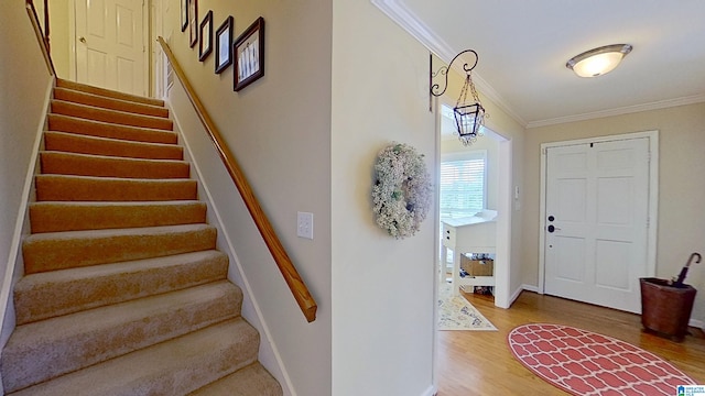 214 Scotts Trce, Helena, AL 35022 - entryway with baseboards, ornamental molding, wood finished floors, and stairway
