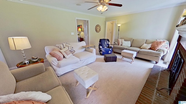 214 Scotts Trce, Helena, AL 35022 - living room featuring ornamental molding, a fireplace, and a ceiling fan
