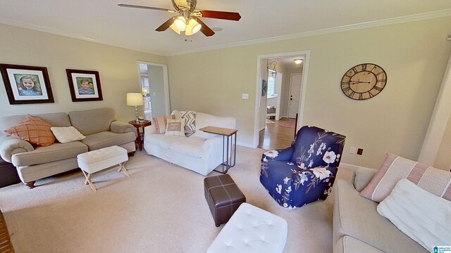 214 Scotts Trce, Helena, AL 35022 - carpeted living room with crown molding, a ceiling fan, and baseboards