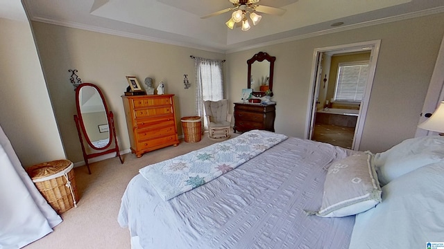 214 Scotts Trce, Helena, AL 35022 - bedroom with crown molding, a ceiling fan, a raised ceiling, and light carpet