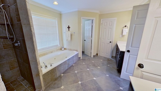 214 Scotts Trce, Helena, AL 35022 - full bathroom with a jetted tub, vanity, crown molding, and tiled shower
