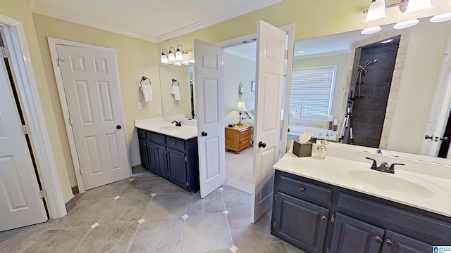 214 Scotts Trce, Helena, AL 35022 - bathroom with crown molding, tiled shower, two vanities, and a sink