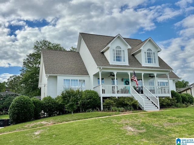 214 Scotts Trce, Helena, AL 35022 - cape cod house with a ceiling fan, covered porch, a front lawn, stairway, and roof with shingles