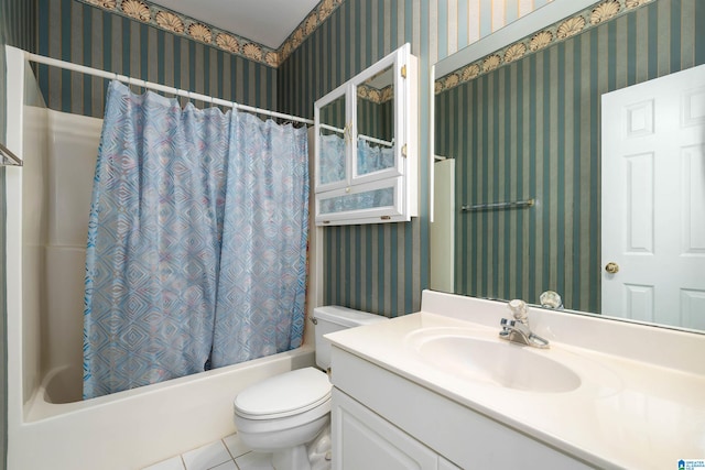 bathroom with shower / bathtub combination with curtain, vanity, toilet, tile patterned flooring, and wallpapered walls