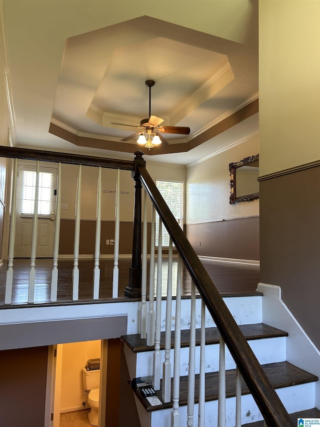 41 Woodland Ridge Rd, Odenville, AL 35120 - stairs featuring a wealth of natural light, a raised ceiling, crown molding, and a ceiling fan