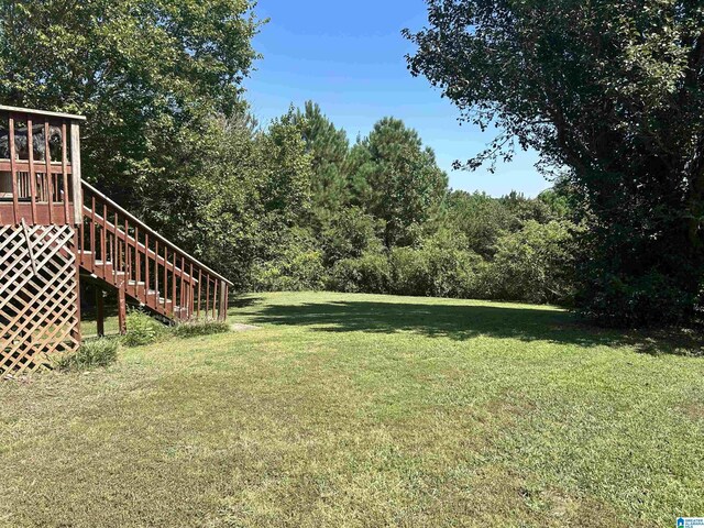 41 Woodland Ridge Rd, Odenville, AL 35120 - view of yard featuring a deck, stairway, and a forest view