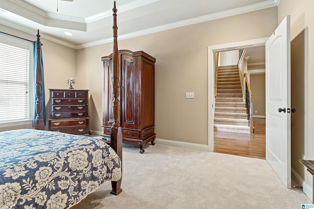 bedroom featuring baseboards, recessed lighting, ornamental molding, and carpet floors