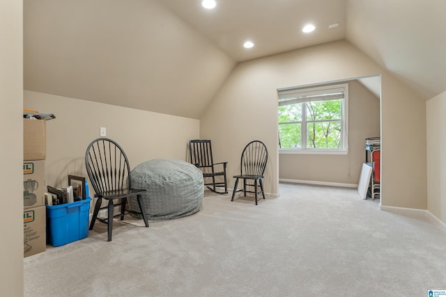 living area with recessed lighting, baseboards, vaulted ceiling, and carpet floors