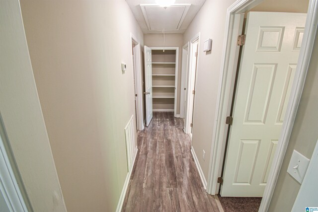 841 Olde Mill Trce, Cottondale, AL 35453 - hallway with attic access, dark wood-style floors, and baseboards