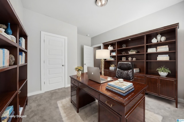 home office featuring light colored carpet