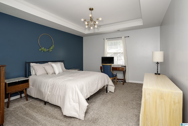 165 Ashford Ln, Alabaster, AL 35007 - bedroom featuring light colored carpet, baseboards, a chandelier, ornamental molding, and a tray ceiling