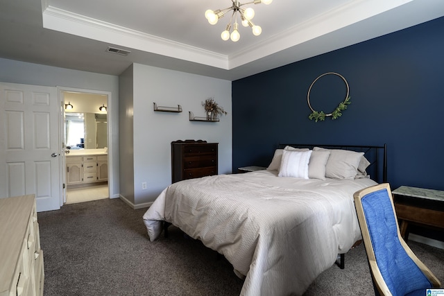 165 Ashford Ln, Alabaster, AL 35007 - carpeted bedroom featuring a raised ceiling, crown molding, a chandelier, and visible vents