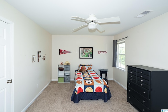 165 Ashford Ln, Alabaster, AL 35007 - bedroom with baseboards, ceiling fan, light colored carpet, and visible vents