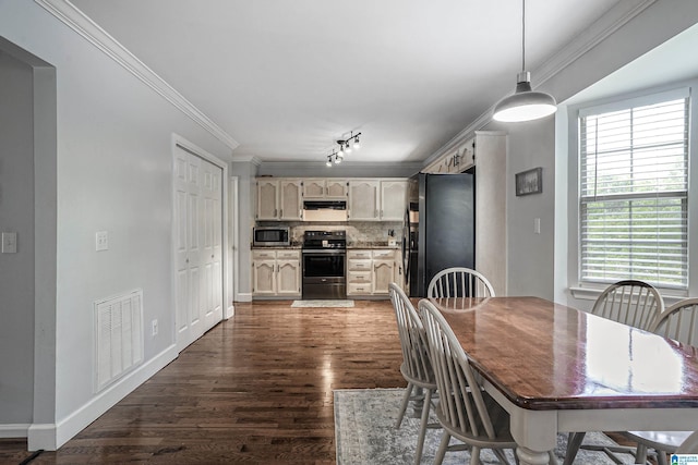 165 Ashford Ln, Alabaster, AL 35007 - dining space featuring visible vents, dark wood-style flooring, crown molding, and baseboards