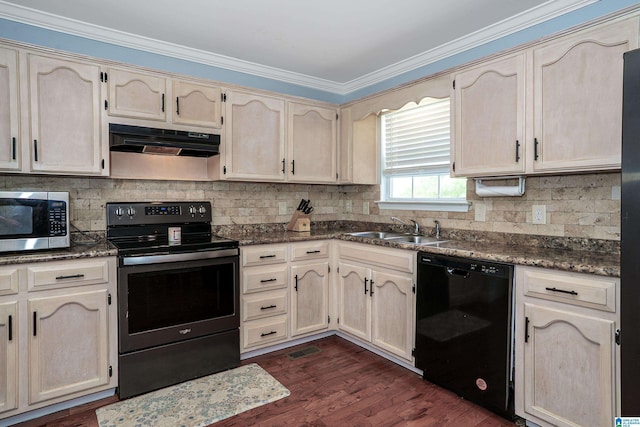 165 Ashford Ln, Alabaster, AL 35007 - kitchen featuring range with electric cooktop, a sink, stainless steel microwave, under cabinet range hood, and black dishwasher