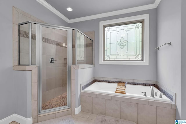 bathroom with a garden tub, tile patterned flooring, a shower stall, and ornamental molding