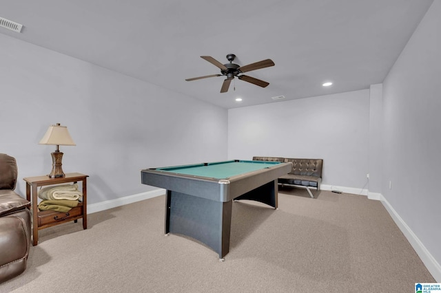 playroom with a ceiling fan, billiards, carpet, and baseboards