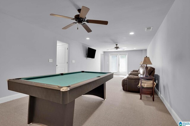rec room with pool table, visible vents, light carpet, and baseboards
