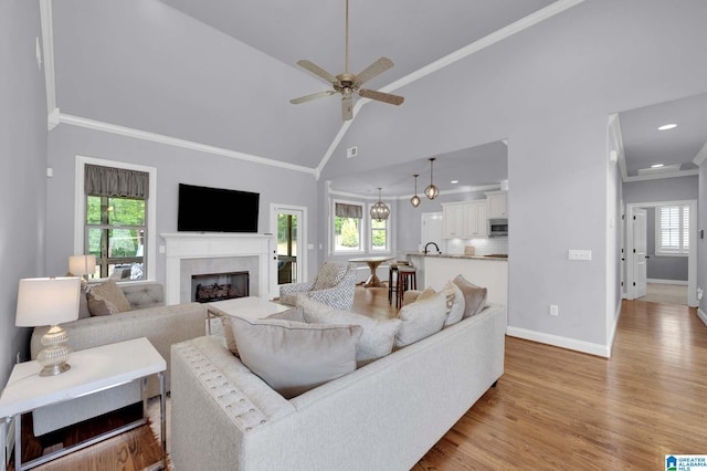 living area featuring light wood finished floors, baseboards, a tiled fireplace, and a healthy amount of sunlight