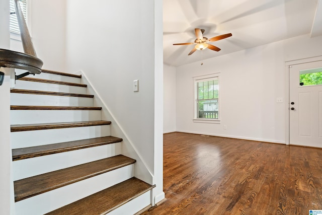 2607 Woodfern Ct, Homewood, AL 35209 - foyer featuring stairs, ceiling fan, baseboards, and wood finished floors