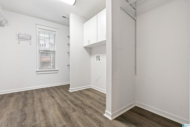 2607 Woodfern Ct, Homewood, AL 35209 - laundry area featuring baseboards, hookup for a washing machine, cabinet space, and dark wood-style floors