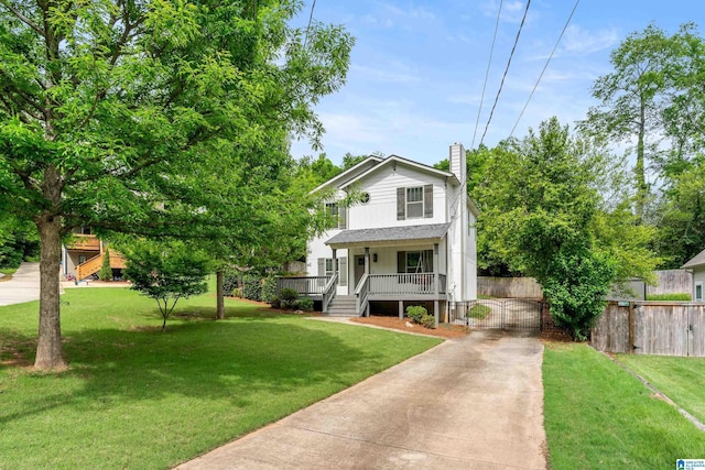2607 Woodfern Ct, Homewood, AL 35209 - view of front of home featuring a porch, driveway, a chimney, a gate, and fence