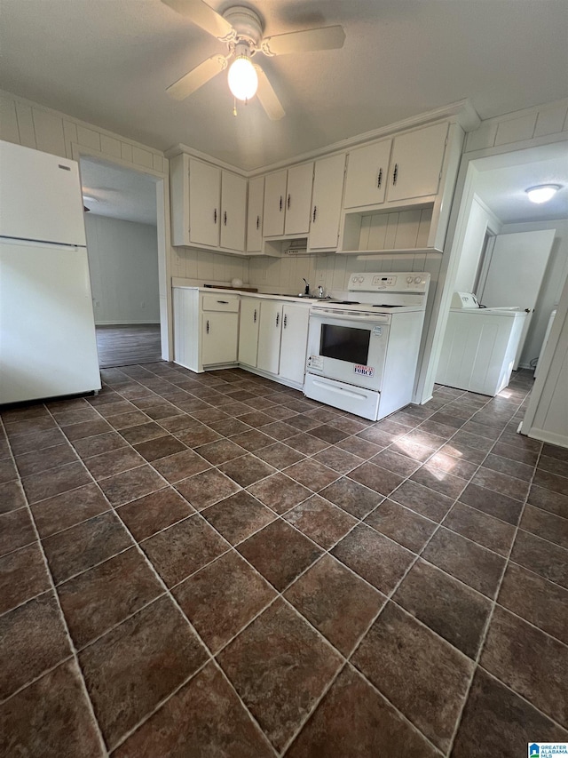 1701 Mount Pleasant Rd, Clanton, AL 35045 - kitchen with a sink, ceiling fan, white appliances, white cabinetry, and light countertops