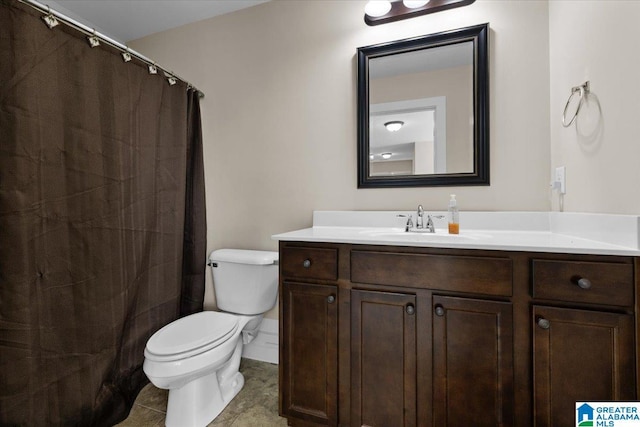 bathroom with toilet, a shower with curtain, tile patterned flooring, and vanity