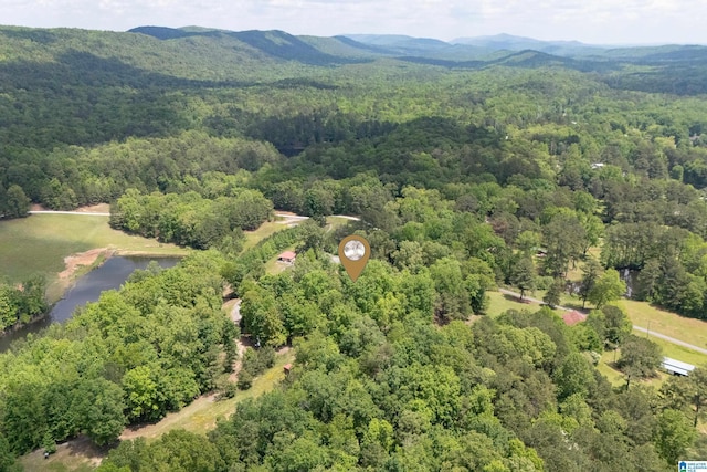 bird's eye view with a water and mountain view and a forest view