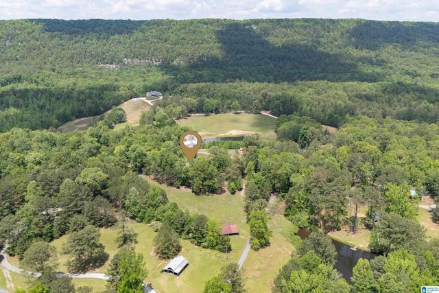 birds eye view of property featuring a forest view