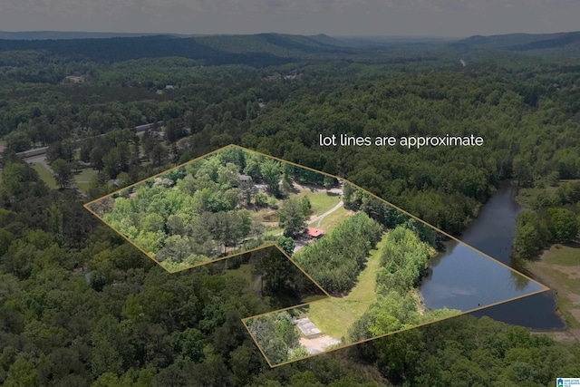 drone / aerial view featuring a water view and a forest view