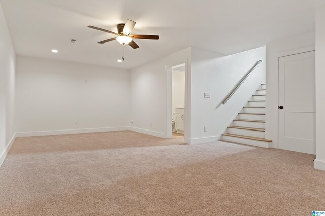 670 Hillstone Dr, Pell City, AL 35125 - empty room featuring stairway, ceiling fan, visible vents, baseboards, and light carpet