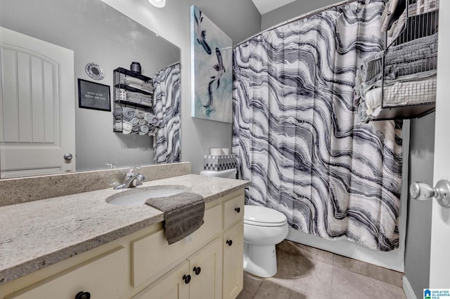 full bath with toilet, vanity, tile patterned flooring, and shower / tub combo