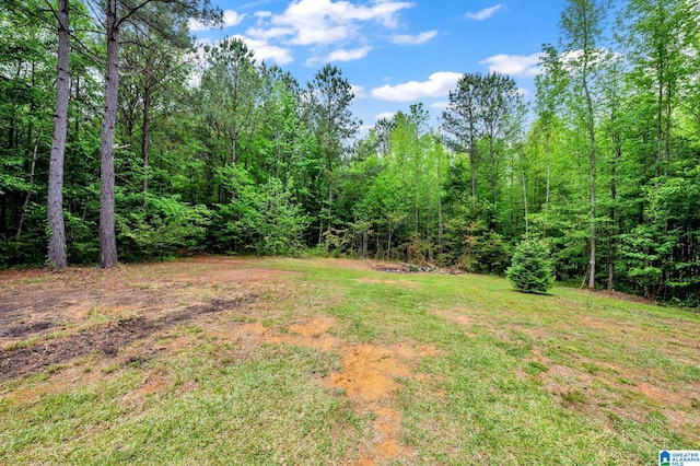 view of yard featuring a forest view