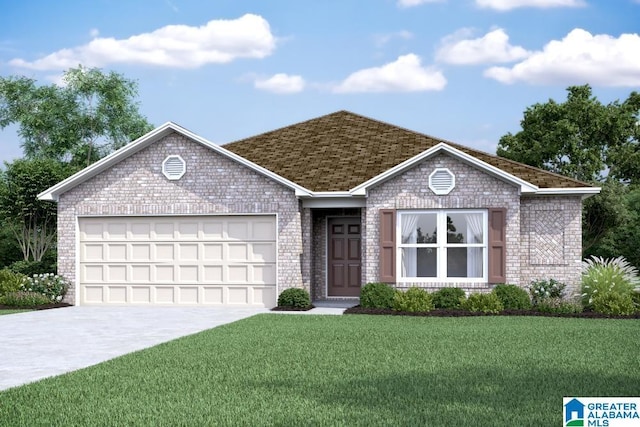 view of front facade with concrete driveway, a front yard, an attached garage, and brick siding