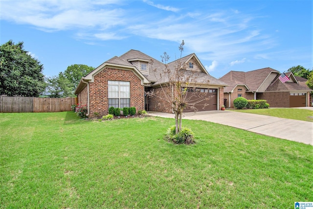 view of front of house with fence, an attached garage, concrete driveway, and brick siding
