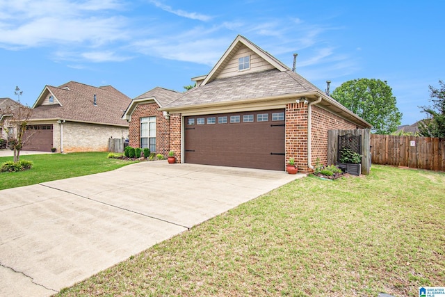 view of front of home with a garage, a front lawn, fence, brick siding, and concrete driveway