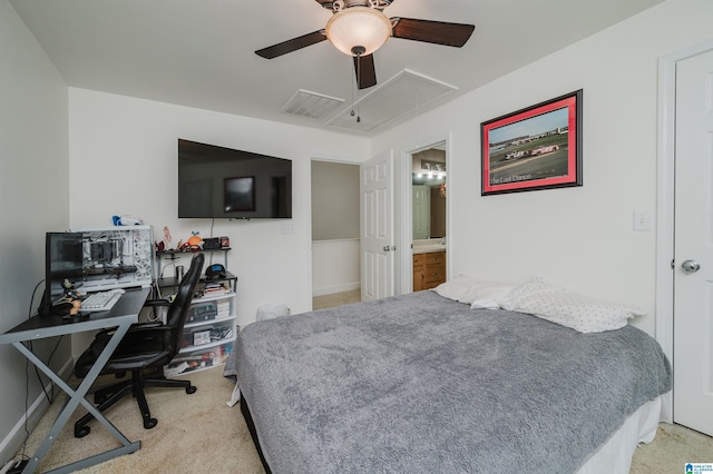 20443 Hepzibah Church Rd, Mccalla, AL 35111 - bedroom featuring a ceiling fan, visible vents, light carpet, and attic access