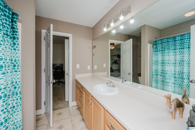 20443 Hepzibah Church Rd, Mccalla, AL 35111 - bathroom featuring baseboards, a shower with shower curtain, tile patterned flooring, and vanity