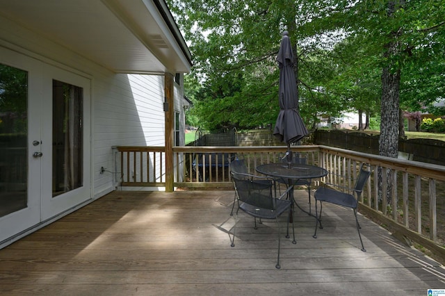 20443 Hepzibah Church Rd, Mccalla, AL 35111 - wooden terrace with a fenced backyard, outdoor dining space, and french doors