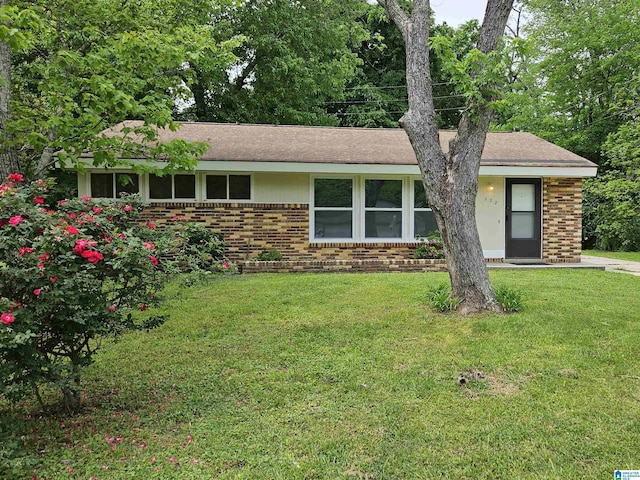 ranch-style home featuring a front lawn and brick siding